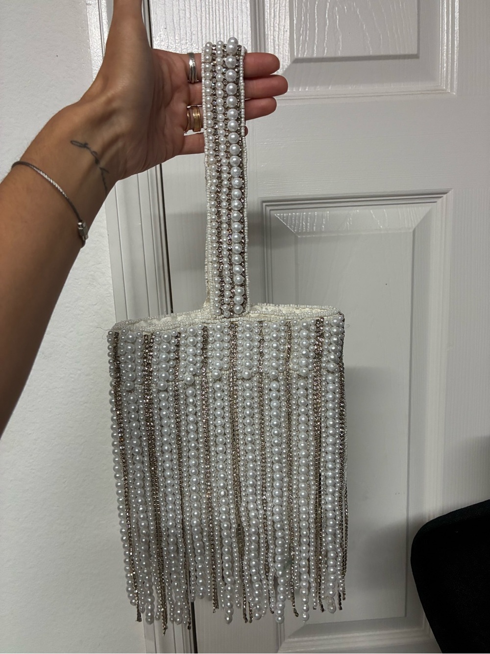 Pearl Beaded Fringe Evening Bag - White